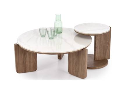 Set 2 masute DIUNA din MDF sinterizat furniruit cu efect de marmura alba/ nuc deschis 80xH36cm/ 41xH42cm