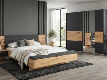 Set dormitor BOSTON EXTRA, MOSBACH cadru pat (180x200cm) cu 2 noptiere incorporate si banca de depozitare ecopiele gri inchis, Boston Extra dulap 226x210x62cm gri metalic/ stejar artisan - oglinda