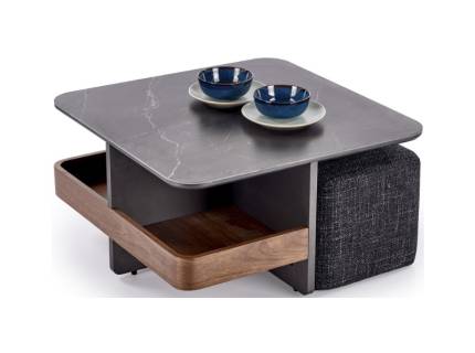 Masuta VICKER din MDF sinterizat cu efect de marmura neagra/ furniruit nuc, cu 2 tabureti tapitati gri inchis 70x70xH37cm