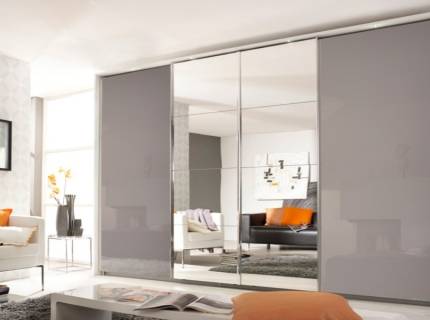 Dulap cu usi glisante SYNCRONO 361x211x62cm sticla fango/ oglinda, maner aluminiu