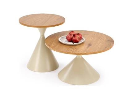 Set 2 masute PILAR din MDF furniruit travertin, otel vopsit in camp electrostatic casmir 70xH40cm 50xH55cm