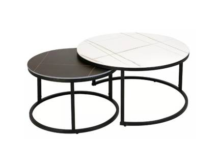 Set 2 masute FERRANTE B din ceramica cu efect de marmura neagra si alba, metal negru 60xH38cm / 80xH42cm 