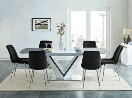 Set dining masa extensibila VALERIO CERAMIC 160-220x90xH76cm si 6 scaune CHIC VELVET CHROM tapitate catifea neagra