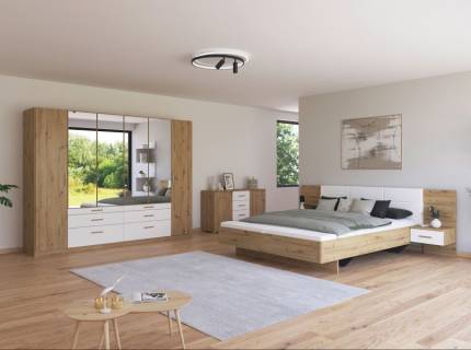 Dormitor MINI stejar Artisan/ alb alpin + oglinda MOSBACH 