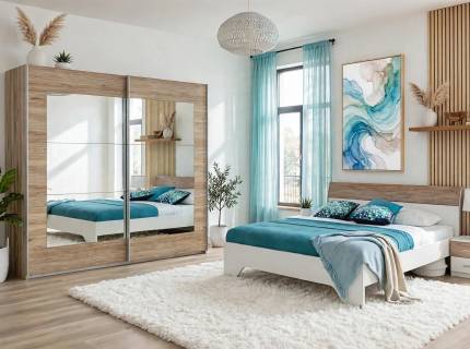 Set dormitor ALEGRO, HEINSBERG cadru pat (180x200cm) cu 2 noptiere, dulap Alegro 226x210x62cm stejar sanremo/ oglinda