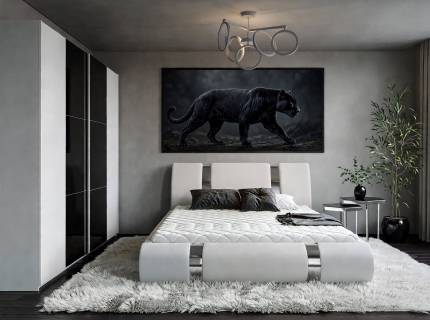 Set dormitor KRONACH COLOR II, MILOS SILVER, ATLATIS pat cu somiera si lada pt. depozitare (160x200cm) ecopiele alba, Kronach Color II dulap 261x210x59cm alb alpin/ sticla neagra, Milos Silver set 2 masute