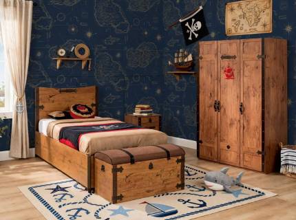 Set dormitor PIRATE dulap cu 3 usi, pat 90x190cm cu lada, noptiera, taburet cufar