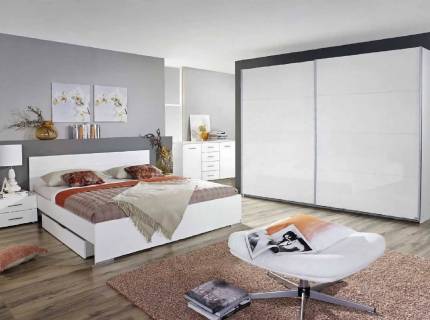 Set dormitor LORCA + STARNBERG Cadru pat cu 2 noptiere (180x200cm) si sertare pentru depozitare, dulap Starnberg 271x210x62cm, comoda 140x81x42cm alb alpin/ alb lucios 
