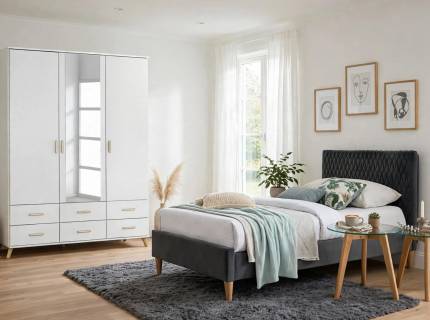 Set dormitor ANNETT, OSLO S2, AZURRO VELVET pat tapitat gri (90x200cm), dulap Annett 137x203x53cm alb alpin/ oglinda, Oslo S2 set 2 masute sticla/ stejar