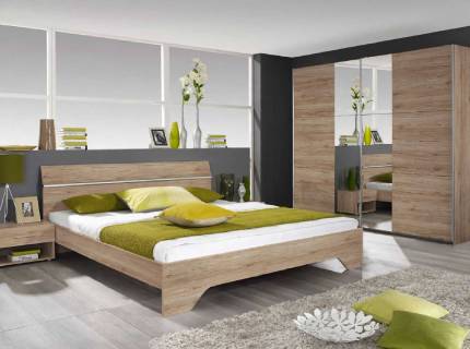 Set dormitor FELLBACH Cadru pat (180x200cm), set 2 noptiere, dulap 261x210x59cm stejar sanremo - oglinda
