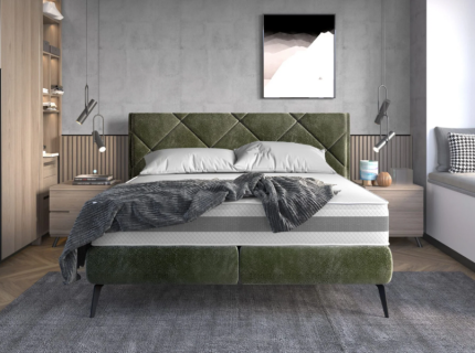 Pat tapitat cu somiera tip placa SCARLET 160 / 180cm material textil, picioare negre