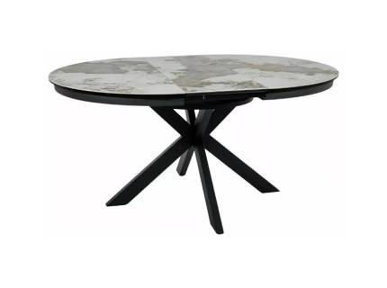 Masa extensibila PORTO CERAMIC PANDORO din sticla securizata si ceramica Pandoro alb lucios, metal negru mat 120-160xH76cm 