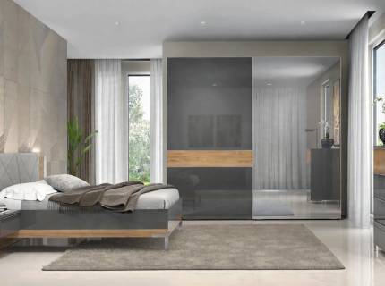 Dormitor ONYX antracit lucios/ nuc Pacific (pat 160x200cm+dulap 230x224x61cm+comoda 4dw+noptiere 1dw)