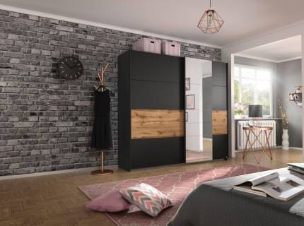 Dulap cu usi glisante BOSTON EXTRA 226x210x62cm gri metalic/ stejar - oglinda, maner gri metalic