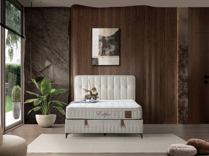 Pat tapitat cu saltea si spatiu pentru depozitare ECLIPSE (140x200cm) cream 