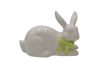 Iepuras mare alb cu fundita lime din portelan