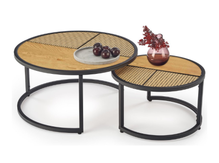 Set 2 masute GARMINA din MDF furniruit si rattan sintetic stejar, metal negru 50xH38cm / 70xH36cm