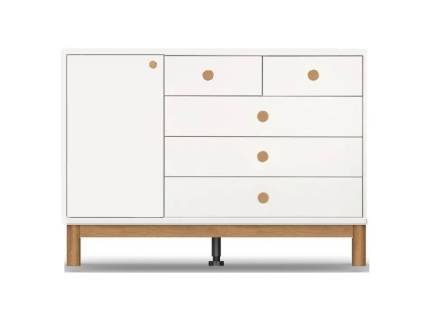 Comoda cu 1 usa si 5 sertare FREYJA 140x92x42cm alb alpin, manere si picioare stejar