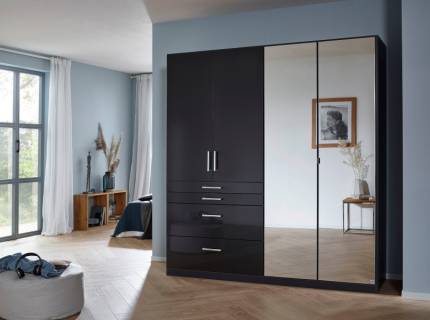 Dulap cu 4 usi cu balamale si 4 sertare HOMBURG 181x197x54cm gri metalic/ gri lucios - oglinda, manere crom