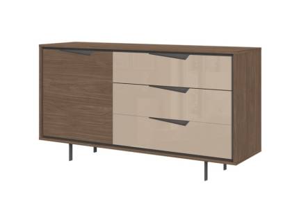 Comoda mare cu 1 usa si 3 sertare LEFT 155x85x45cm Lincoln Walnut/ Mokka HG lucios 