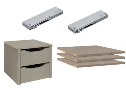 Pachet caseta cu 2 sertare 43x39cm + set 3 polite 43x48cm + set 2 sisteme soft-close pentru dulapul cu usi glisante  