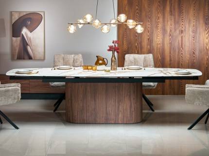 Masa extensibila FLAVOR din sticla si ceramica cu efect de marmura alba, MDF nuanta nucului, metal negru 220-300x90xH77cm