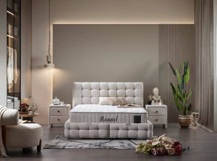 Pat tapitat cu saltea si spatiu pentru depozitare MONART (140x200cm) cream  