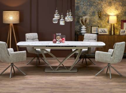 Masa extensibila BENJAMIN din sticla si ceramica bej, otel vopsit casmir 160-240x90xH77cm