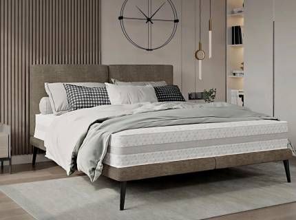 Pat tapitat cu somiera tip placa SELENE 180cm cappuccino, picioare negre