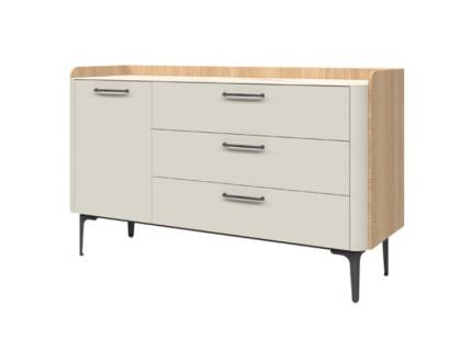 Comoda cu 1 usa si 3 sertare AIR 118x86x45cm Pepper White/ Stejar Furneo - sticla cu model de marmura Calcatta Oro, cadru, manere si picioare Antracit