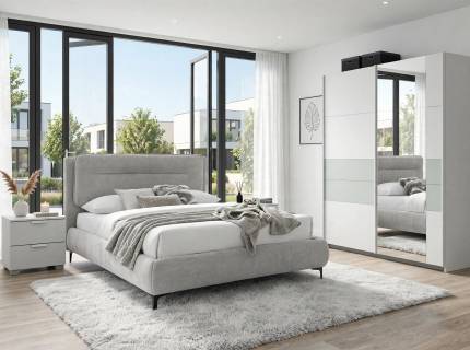 Set dormitor ADITIO, BOSTON EXTRA, NIKOZJA RAVEN pat cu somiera (160x200cm) gri, dulap cu 2 usi glisante 181x210x62cm alb alpin/ silk grey - oglinda si set 2 noptiere ADITIO silk grey