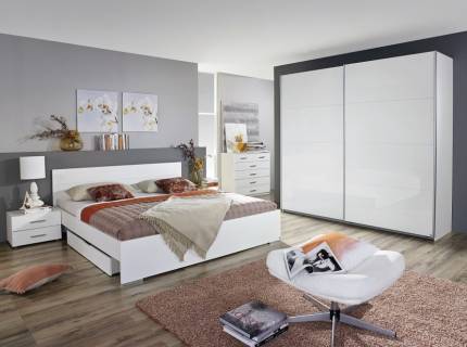 Set dormitor LORCA + STARNBERG Cadru pat cu 2 noptiere (160x200cm) si sertare pentru depozitare, dulap Starnberg 226x210x62cm, comoda 93x81x42cm alb alpin/ alb lucios