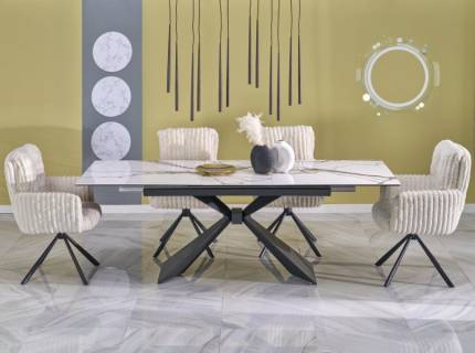 Masa extensibila LUCIANO CERAMIC WHITE din ceramica cu efect de marmura alba, metal negru 180-230x90xH76cm