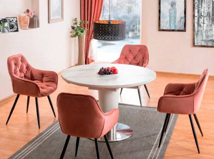 Set dining masa extensibila HELIOS 120-160xH76cm si 4 scaune CHERRY VELVET tapitate catifea roz 