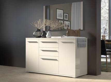 Comoda cu 3 usi si 2 sertare PIANO BEIGE 150x85x45cm bej lucios, manere crom