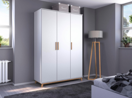 Dulap cu 3 usi cu balamale CARLSSON 136x203x53cm alb alpin, manere stejar