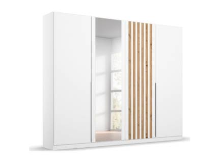Dulap cu 4 usi cu balamale LAMELLA 226x210x54cm alb alpin/ stejar artisan - oglinda, manere aluminiu