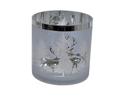 Suport lumanare mare din sticla cu ren argintiu