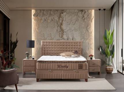 Pat tapitat cu saltea si spatiu pentru depozitare WOOLY (140x200cm) cappuccino 