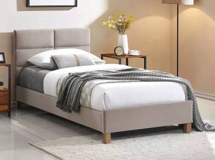 Pat tapitat cu somiera SIERRA VELVET (90x200cm) catifea beige, picioare nuanta lemnului