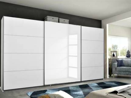 Dulap cu usi glisante KULMBACH 361x210x62cm alb alpin/ sticla alba configurabil