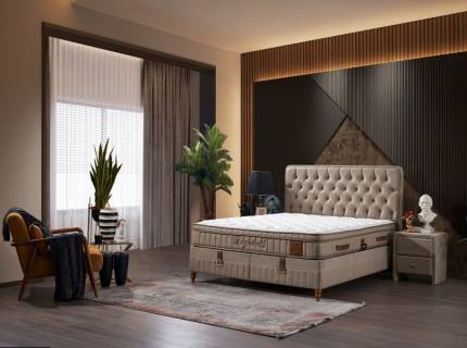 Pat tapitat cu saltea si spatiu pentru depozitare BEGONVIL (180x200cm) cappuccino