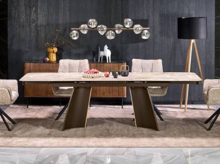 Masa extensibila VESNA din sticla si ceramica cu efect de marmura bej, otel vopsit maro 180-260x90xH76cm