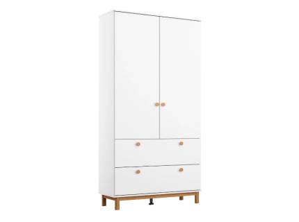 Dulap cu 2 usi cu balamale si 2 sertare FREYJA 92x206x53cm alb alpin, picioare si manere stejar