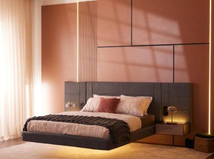 Pat tapitat cu somiera PEGASUS (160x200cm) cu iluminare LED și design modern, efect de plutire