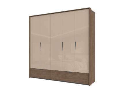 Dulap cu 5 usi cu balamale si 2 sertare LEFT 232x226x60cm Mokka HG lucios + Linkoln Walnut, manere incorporate antracit, cu rama passepartout  