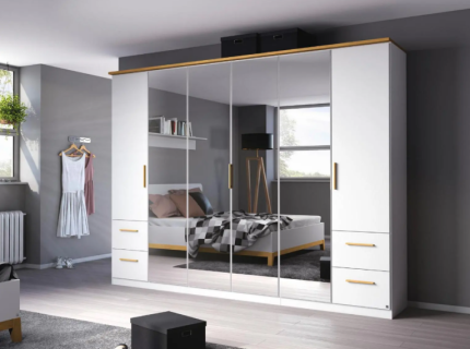 Dulap cu 6 usi cu balamale si 4 sertare CARLSSON 271x212x58cm alb alpin/ oglinda, manere stejar 