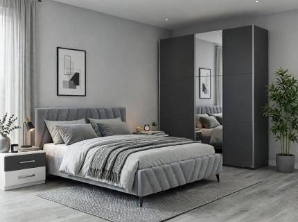 Set dormitor KRONACH I, BARCELONA, CALYPSO pat tapitat gri (140x200cm) cu somiera si saltea, dulap Kronach I 218x210x59cm gri metalic - oglinda, Barcelona set 2 nopptiere alb alpin/ gri metalic