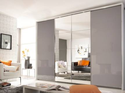 Dulap cu usi glisante SYNCRONO 316x211x62cm sticla fango/ oglinda, maner aluminiu