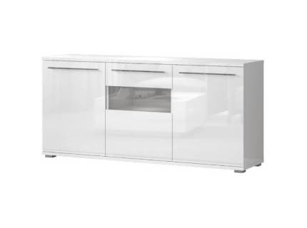Comoda cu 3 usi cu sticla PIANO WHITE 180x85x45cm alb lucios - sticla, manere si picioare crom